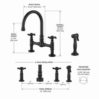 Farmhouse Two Handle 4-Hole Bridge Kitchen Faucet with Side Sprayer, Matte Black