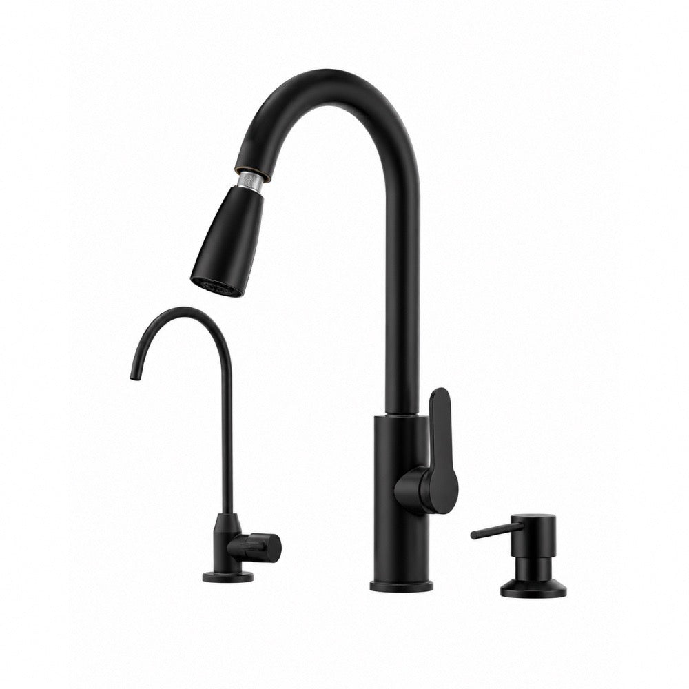 3-Piece Pull-Down Kitchen Faucet Set with Drinking Water Faucet & Soap Dispenser, Matte Black
