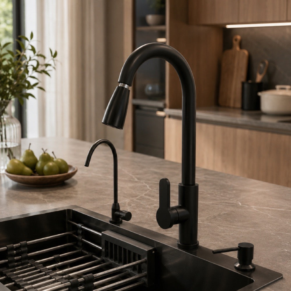 3-Piece Pull-Down Kitchen Faucet Set with Drinking Water Faucet & Soap Dispenser, Matte Black