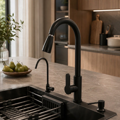 3-Piece Pull-Down Kitchen Faucet Set with Drinking Water Faucet & Soap Dispenser, Matte Black