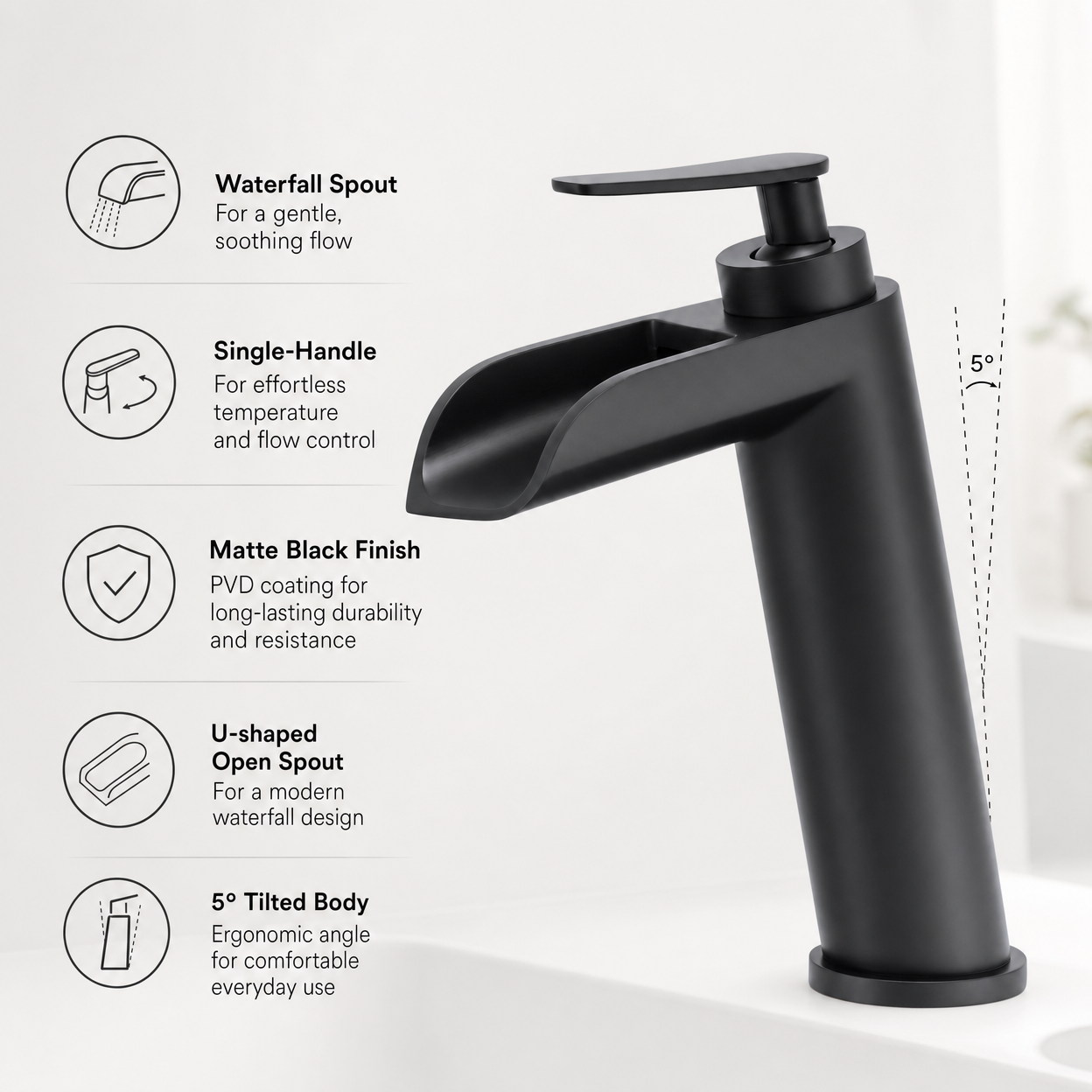 Waterfall Single Handle 1-Hole Bathroom Sink Faucet, Matte Black