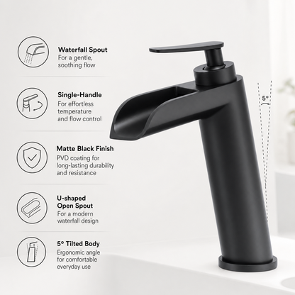 Waterfall Single Handle 1-Hole Bathroom Sink Faucet, Matte Black