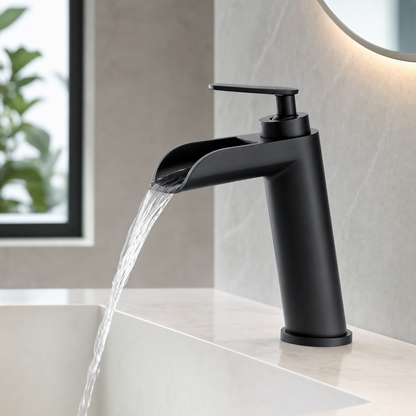 Waterfall Single Handle 1-Hole Bathroom Sink Faucet, Matte Black