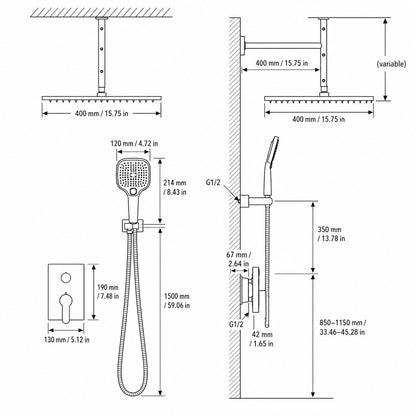 Matte Black Ceiling-Mounted Rainfall Shower System, Complete Wall-Mount Brass Shower Faucet with 3-Function Handheld Shower