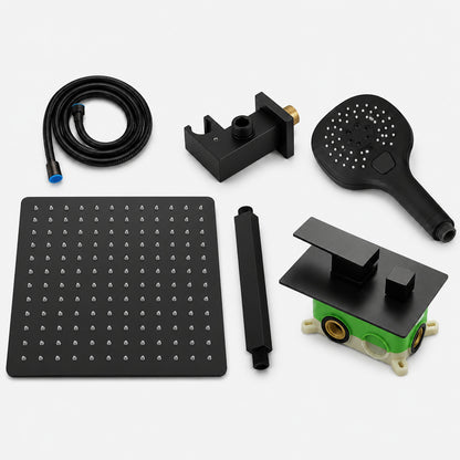 Matte Black Ceiling-Mounted Rainfall Shower System, Complete Wall-Mount Brass Shower Faucet with 3-Function Handheld Shower
