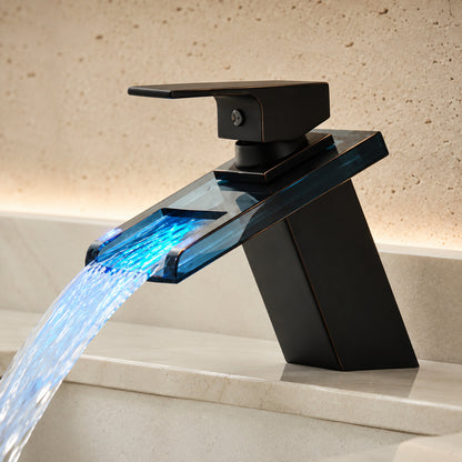 Oil-Rubbed Bronze LED Waterfall Bathroom Faucet, Modern Single-Handle Single-Hole Brass Faucet