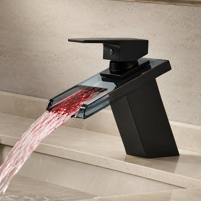 Oil-Rubbed Bronze LED Waterfall Bathroom Faucet, Modern Single-Handle Single-Hole Brass Faucet