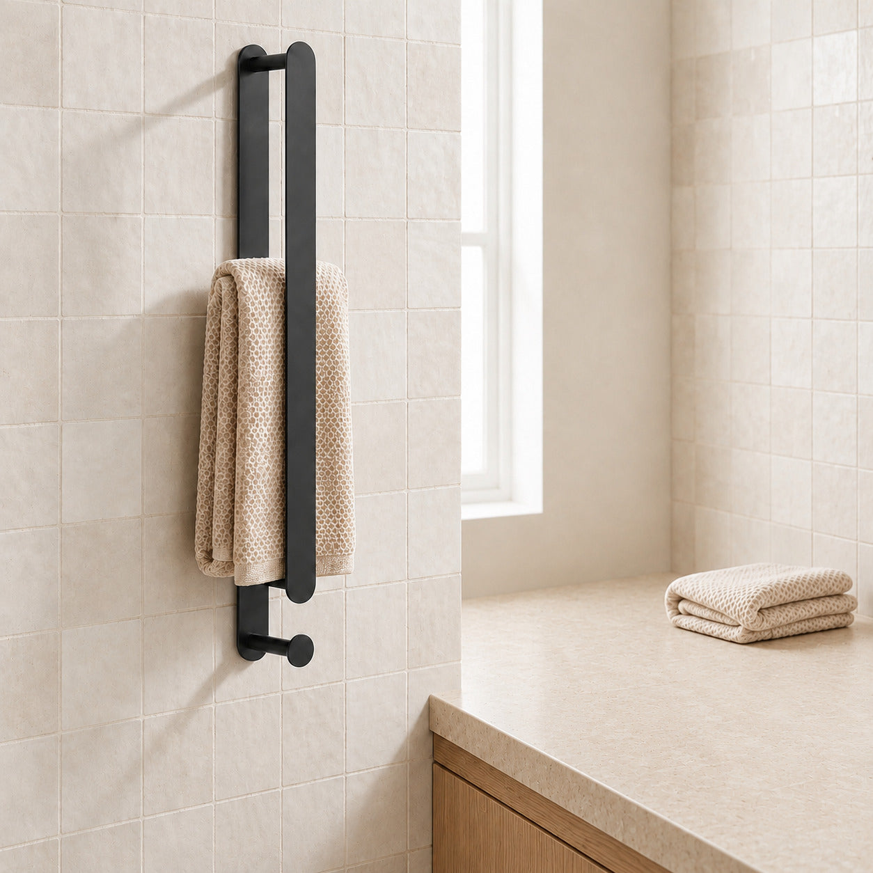 Self-Adhesive SUS304 Stainless Steel Towel Bar, Wall-Mounted No-Drill Towel Holder with Hook, Matte Black / Chrome / Brushed Nickel