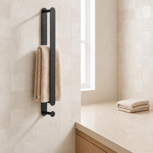 Self-Adhesive SUS304 Stainless Steel Towel Bar, Wall-Mounted No-Drill Towel Holder with Hook, Matte Black / Chrome / Brushed Nickel