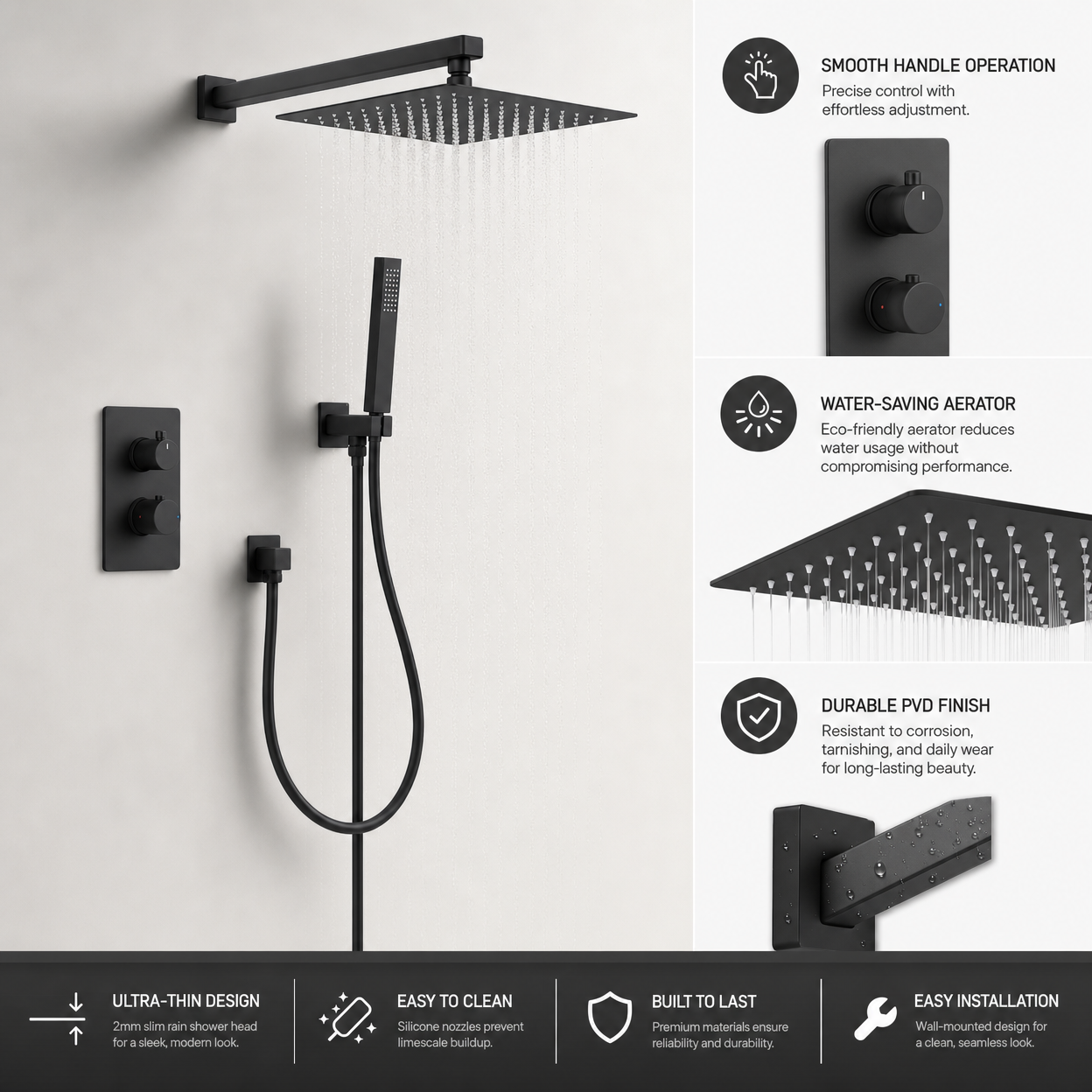 10-Inch Rain Shower Head Thermostatic Shower System, Matte Black