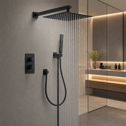 10-Inch Rain Shower Head Thermostatic Shower System, Matte Black