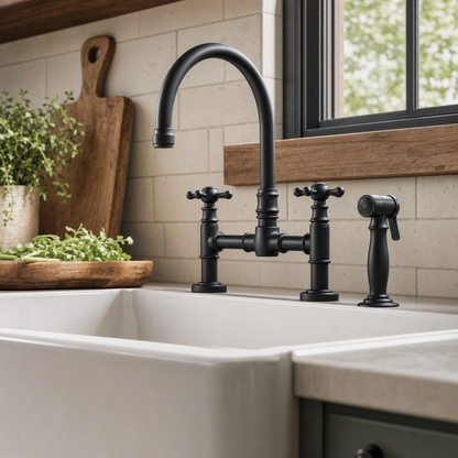 Farmhouse Two Handle 4-Hole Bridge Kitchen Faucet with Side Sprayer, Matte Black