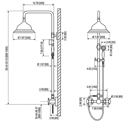 Technical dimension drawing of a wall-mounted shower system with shower head, hose, and control valves, showing measurements and labels on a white background.