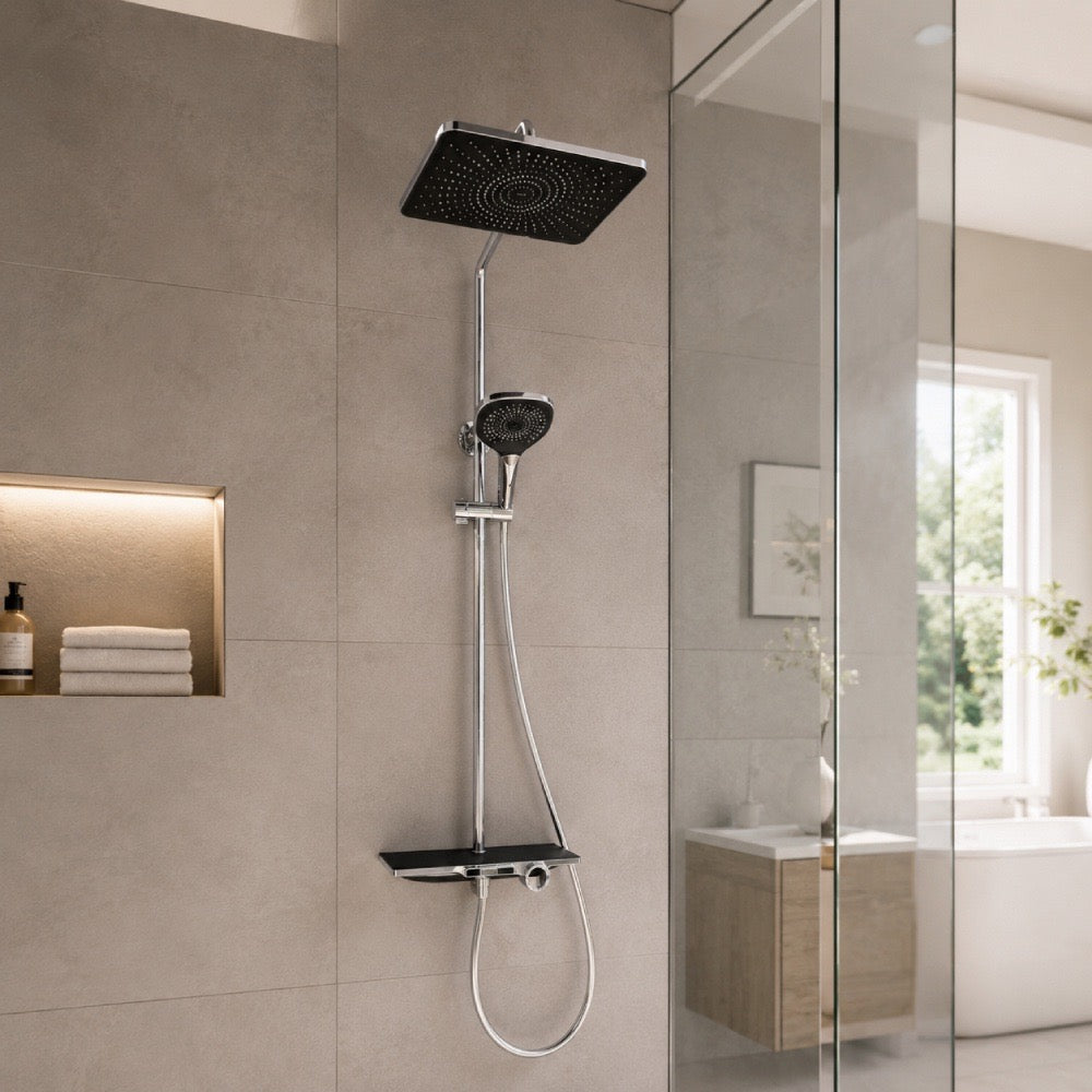 Thermostatic Shower System with Square Rain Shower, Handheld Shower & Shelf, Chrome