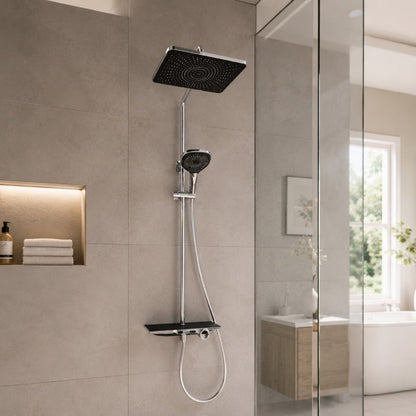 Thermostatic Shower System with Square Rain Shower, Handheld Shower & Shelf, Chrome