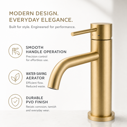 Modern Single Handle 1-Hole Bathroom Sink Faucet, Brushed Gold