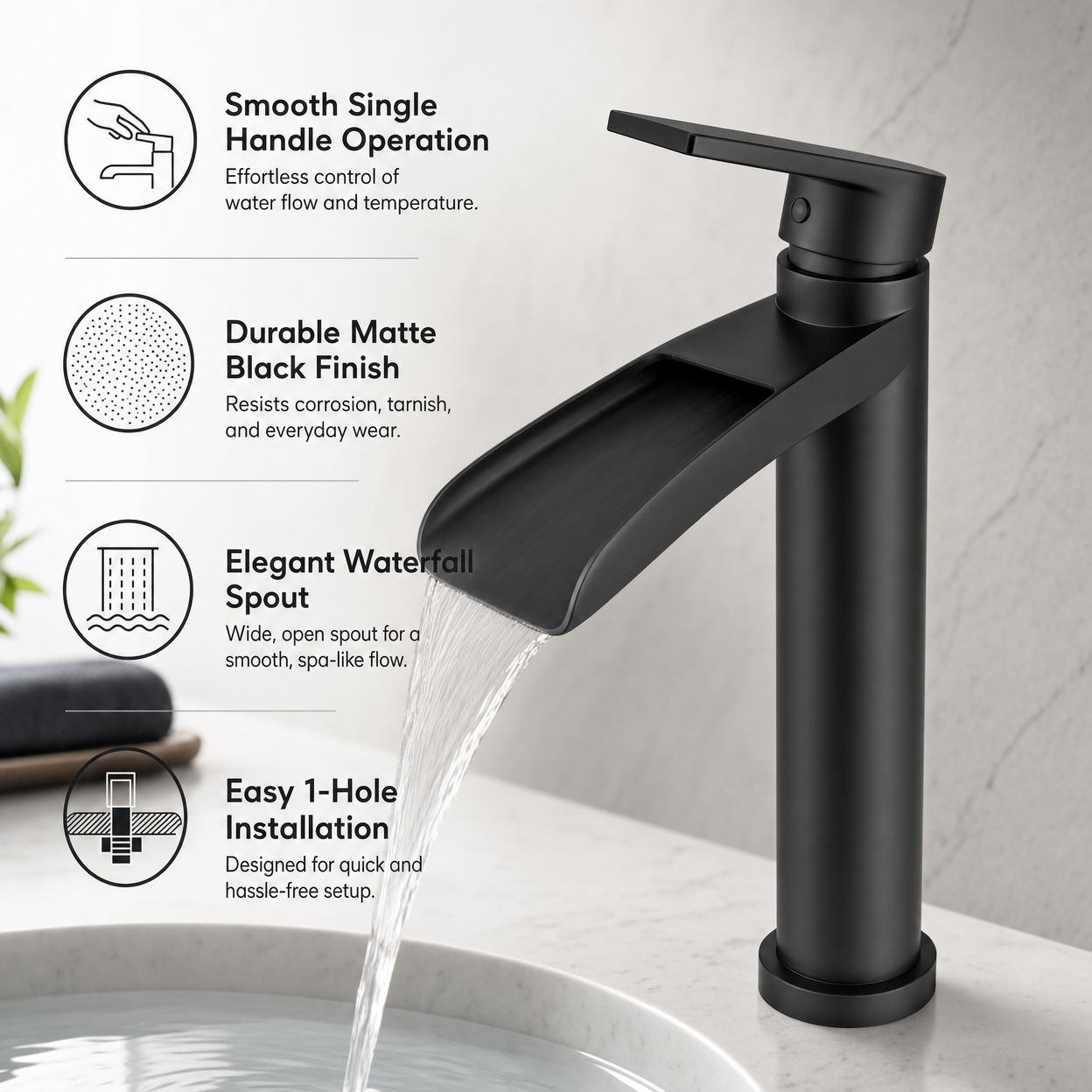 Vessel Waterfall Single Handle 1-Hole Bathroom Sink Faucet, Matte Black