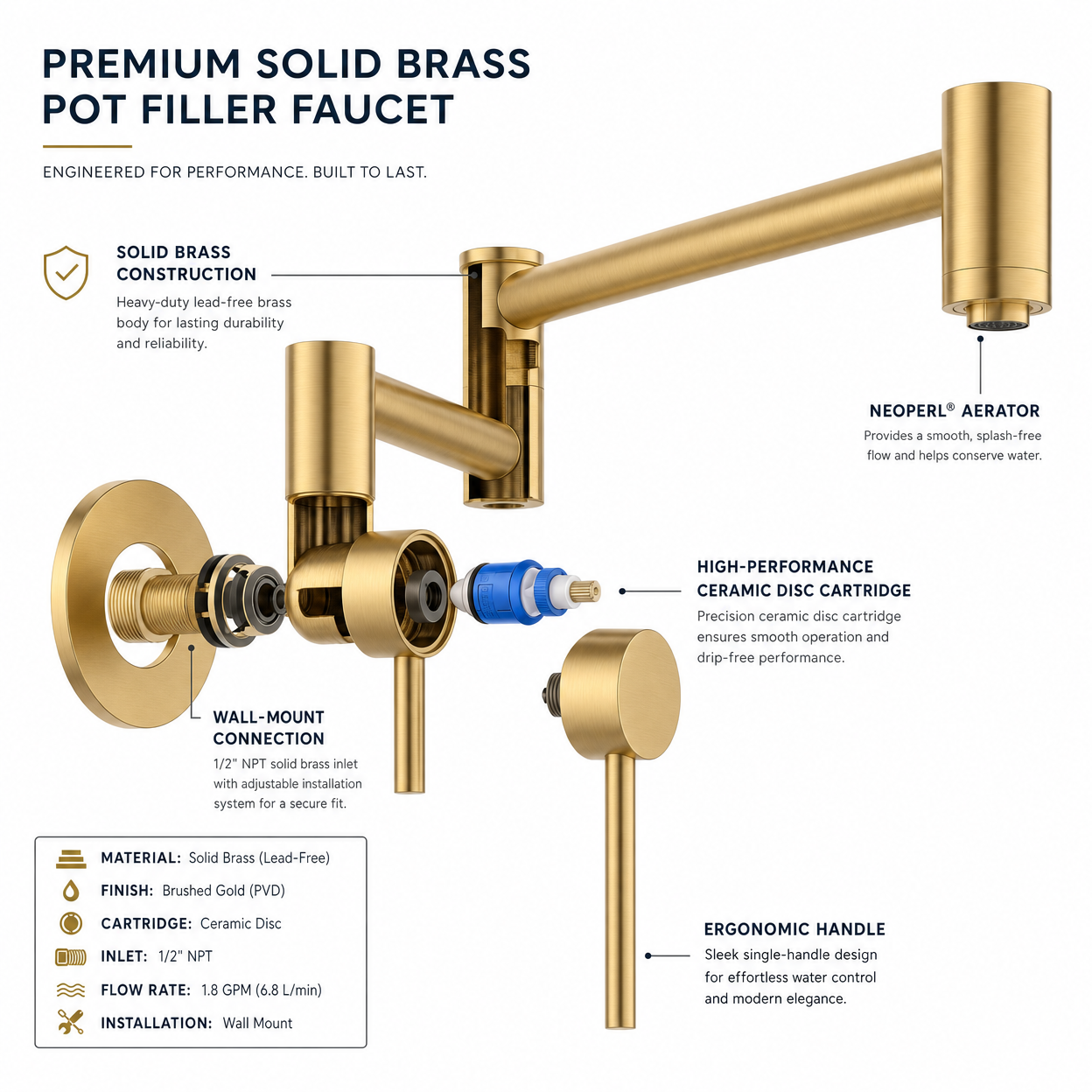 Wall-Mount Dual Joint Folding Pot Filler Faucet, Brushed Gold