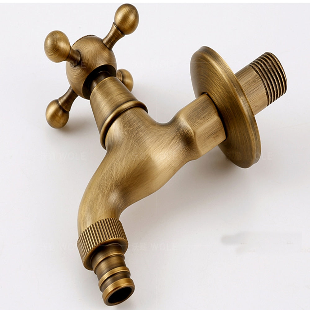 Antique Brass Retro Wall-Mount Outdoor Faucet, Single-Handle Brass Washing Machine Tap with Detachable Hose Connector