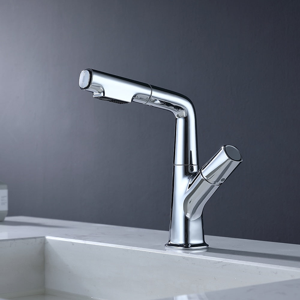Modern Height-Adjustable Pull-Out Bathroom Faucet, Single-Hole Single-Handle Brass Faucet, Chrome / Matte Black / Matte White / Gunmetal
