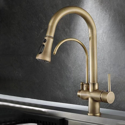 Modern 3-Way Pull-Down Kitchen Faucet, Dual-Handle Swivel Gooseneck Faucet, Gunmetal / Matte Black / Chrome / Matte White / Two-Tone / Antique Brass / Brushed Gold / Brushed Nickel