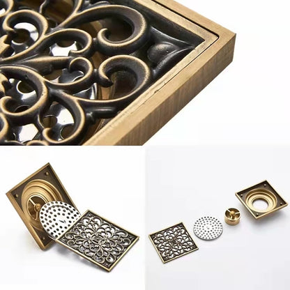 Antique Brass Vintage Square Floor Drain, Carved Flower Drain with Removable Cover