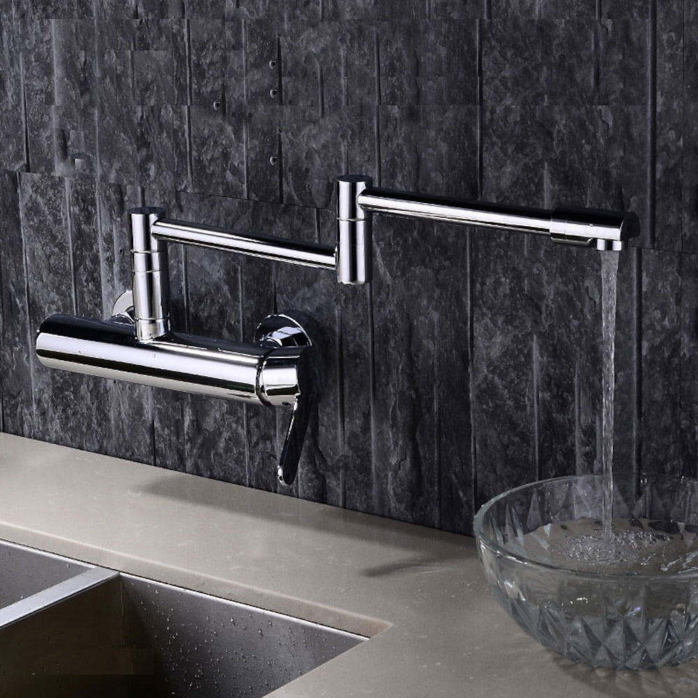 Chrome Wall-Mount Kitchen Faucet, Double-Joint Folding Swivel Spout Brass Faucet