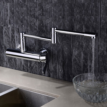Chrome Wall-Mount Kitchen Faucet, Double-Joint Folding Swivel Spout Brass Faucet