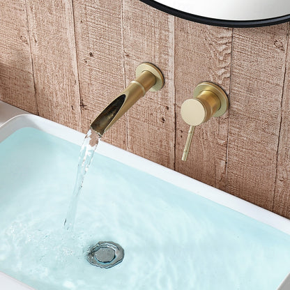 Modern Wall-Mount Waterfall Bathroom Faucet, Single-Handle Brass Faucet, Antique Brass / Brushed Gold