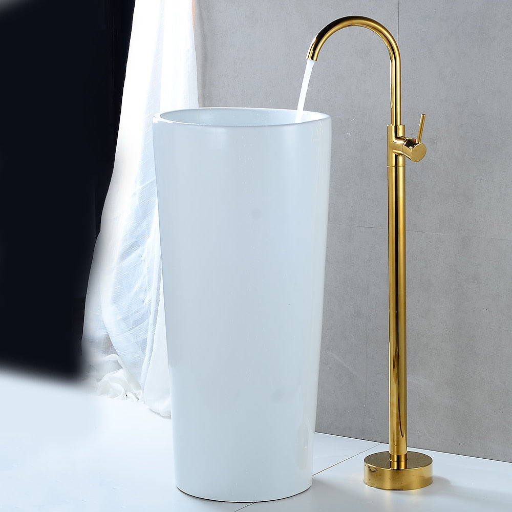 360-Degree Swivel Spout Freestanding Tub Filler, Single-Handle Floor-Mount Brass Faucet