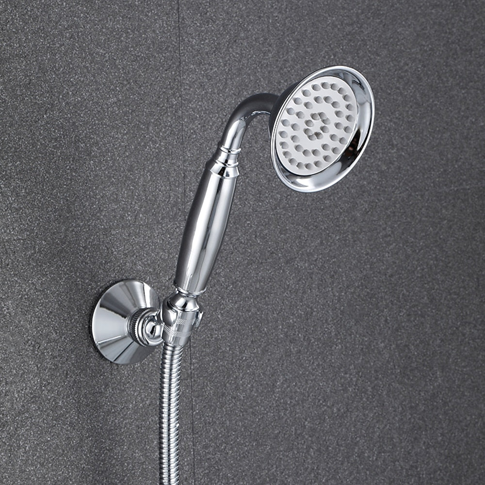 Swan Spout Wall-Mount Bathtub Faucet, Dual-Handle Tub Filler with Handheld Shower, Antique Brass / Matte Black / Chrome / Polished Gold
