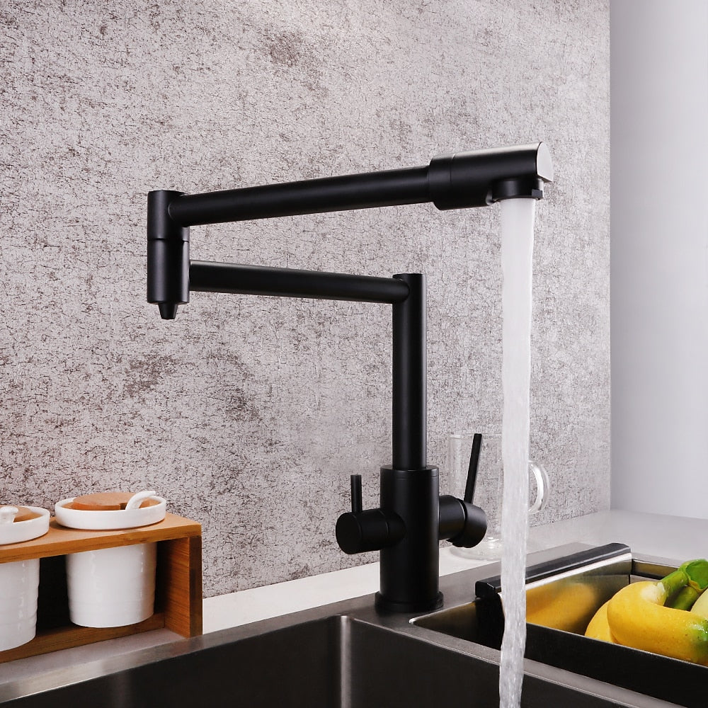 Foldable Dual-Joint Pot Filler Kitchen Faucet, Deck-Mount Single-Hole Two-Handle Faucet, Matte Black / Brushed Nickel