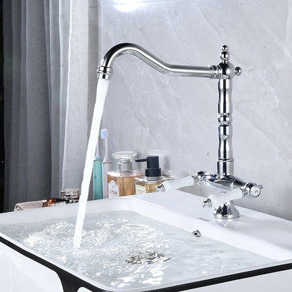 Antique Single-Hole Bathroom Faucet, Dual Ceramic Handle Swivel Spout Faucet, Antique Brass / Brushed Nickel / Chrome / Matte Black / Polished Gold