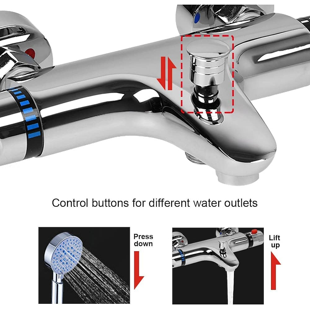 Chrome Thermostatic Wall-Mounted Bath Shower Mixer Valve, Exposed Brass Tub Faucet with Diverter Spout