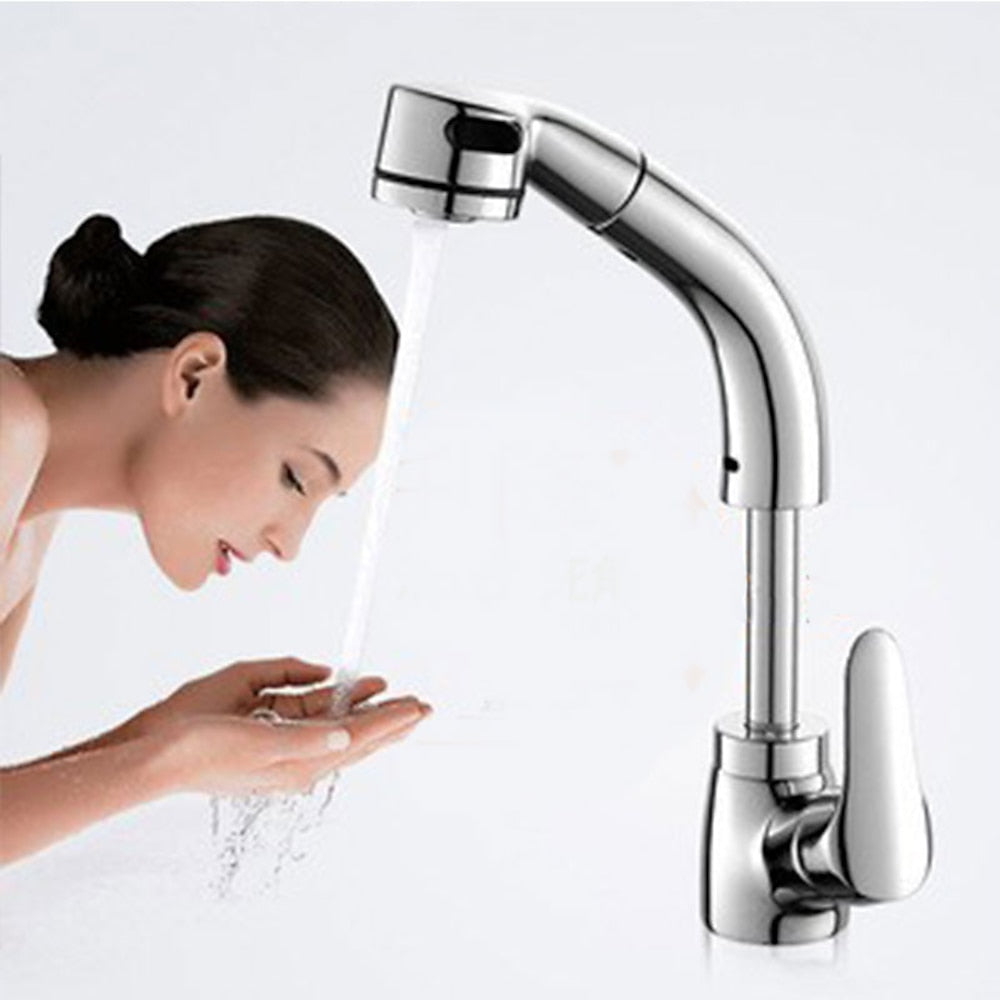 Pull-Out Single-Hole Bathroom Faucet, Single-Handle Liftable Swivel Faucet, Matte Black / Chrome