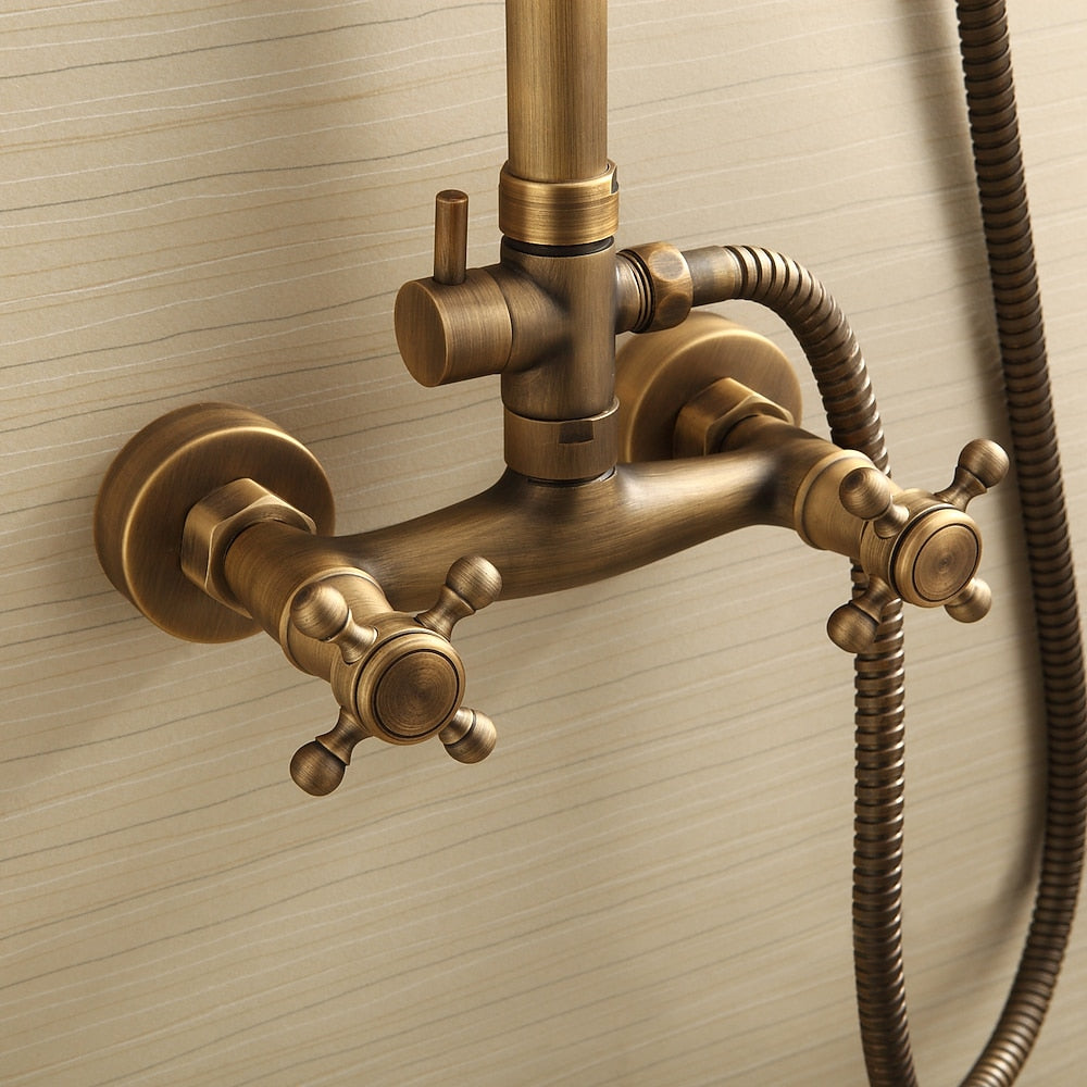 Antique Brass Rainfall Shower System, Wall-Mounted Exposed Pipe Faucet with Handheld Shower
