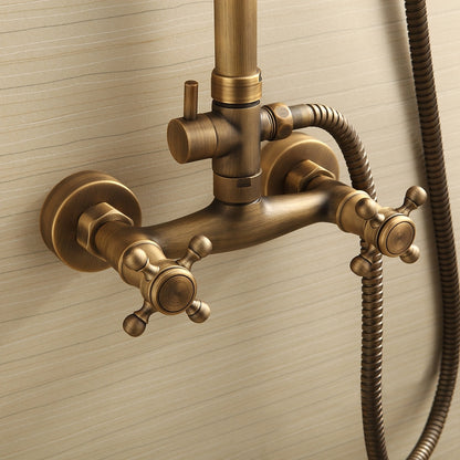 Antique Brass Rainfall Shower System, Wall-Mounted Exposed Pipe Faucet with Handheld Shower