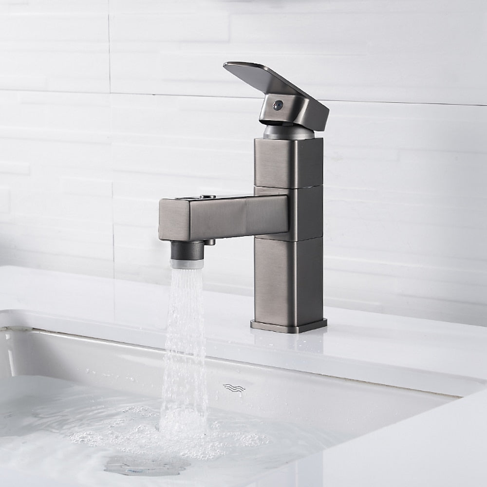 Modern Pull-Out Bathroom Faucet, Single-Hole Swivel Spout Faucet, Matte Black / Chrome / Brushed Nickel / Gunmetal / Matte White