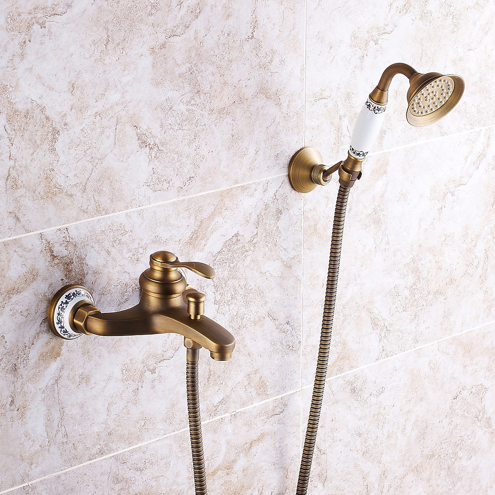 Vintage Wall-Mount Tub Faucet, Single-Handle Brass Bath Tub Faucet with Handheld Shower, Antique Brass / Matte Black / Brushed Brass / Copper