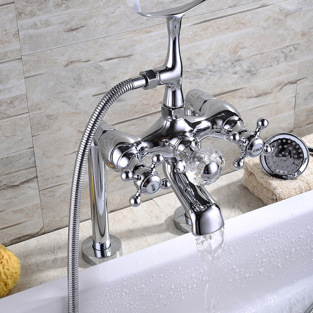Traditional Roman Tub Faucet with Handheld Shower, 3-Handle Deck-Mount Tub Filler, Chrome / Polished Gold