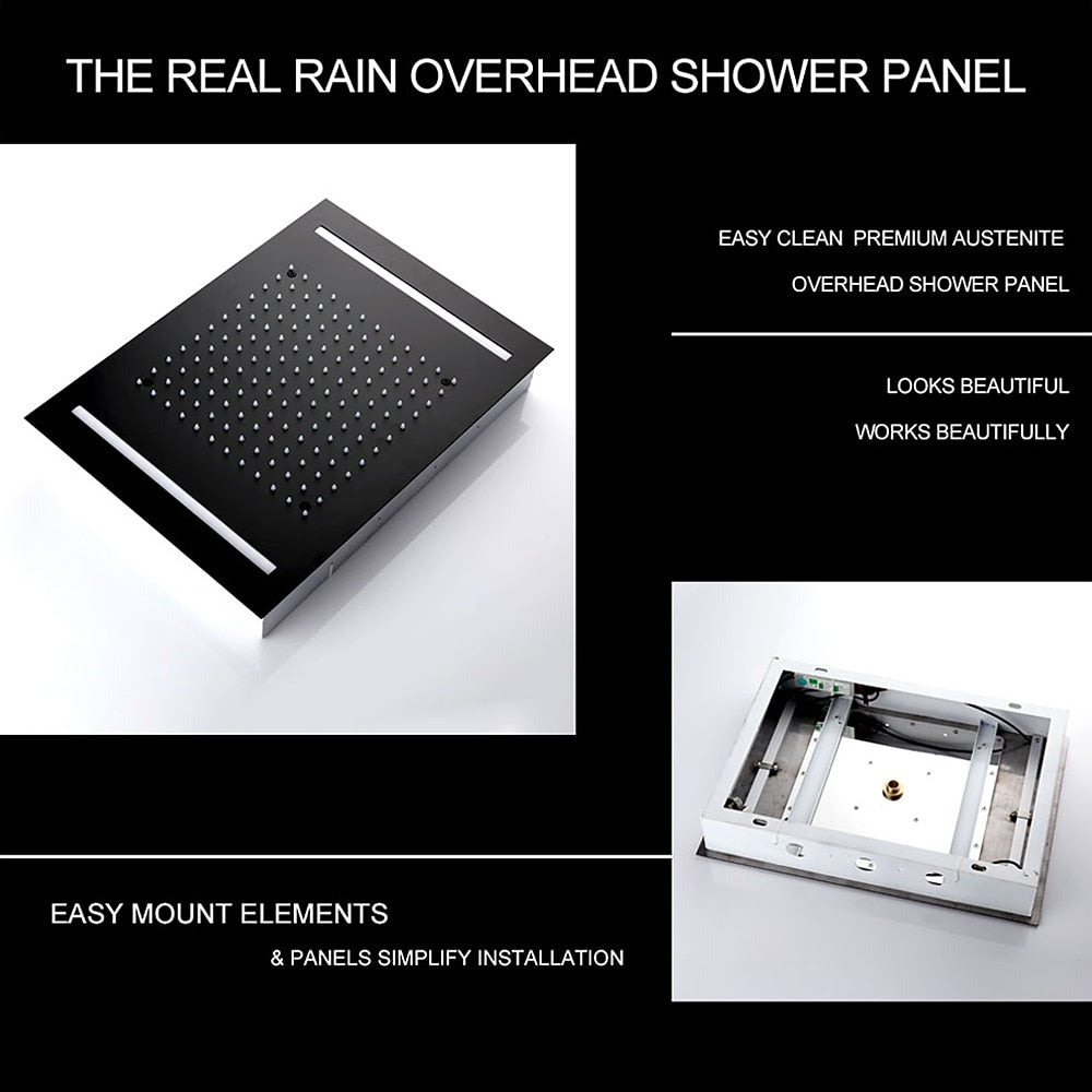 Matte Black Ceiling-Mounted Shower Head, LED Rainfall Shower Head with Power Adapter