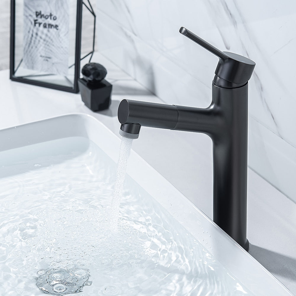 Pull-Out Single-Hole Bathroom Faucet, Modern Single-Handle Basin Faucet with 2-Mode Sprayer, Matte Black / Brushed Gold / Gunmetal