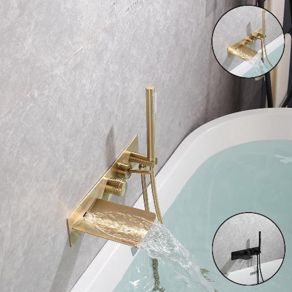 Waterfall Wall-Mount Tub Filler Faucet, Brass Bathtub Faucet with Handheld Shower, Brushed Gold / Matte Black