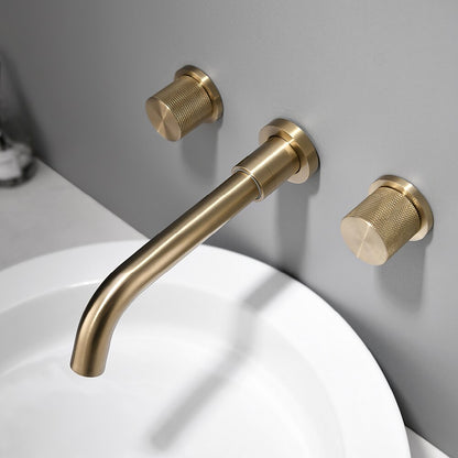 Brushed Gold Wall-Mount Brass Bathroom Faucet, Double Knurled Knob Handle Faucet