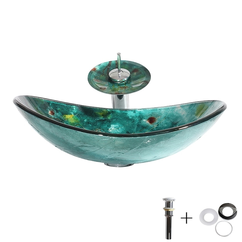 Green Art Tempered Glass Waterfall Vessel Sink Faucet Set, Single-Handle Chrome Deck-Mount Faucet with Pop-Up Drain