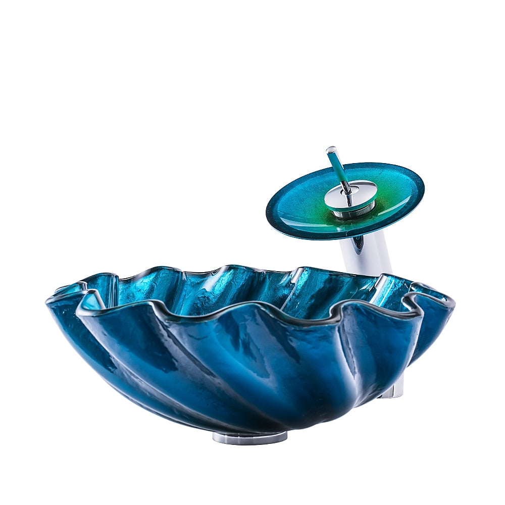 Waterfall Chrome Vessel Sink Faucet, Single-Handle Shell Tempered Glass Faucet Combo with Pop-Up Drain