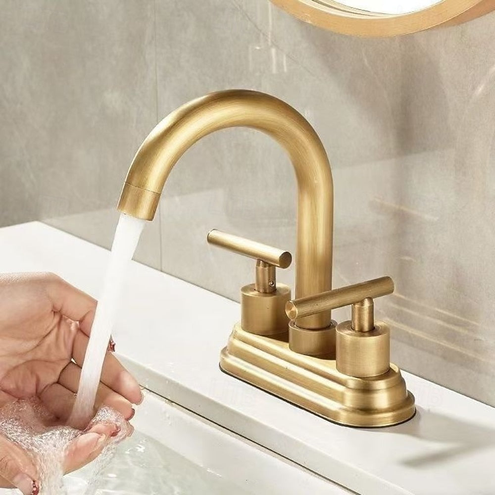 Modern High-Arc Spout Bathroom Faucet, 4-Inch Centerset Dual-Handle Faucet, Brushed Gold / Brushed Bronze