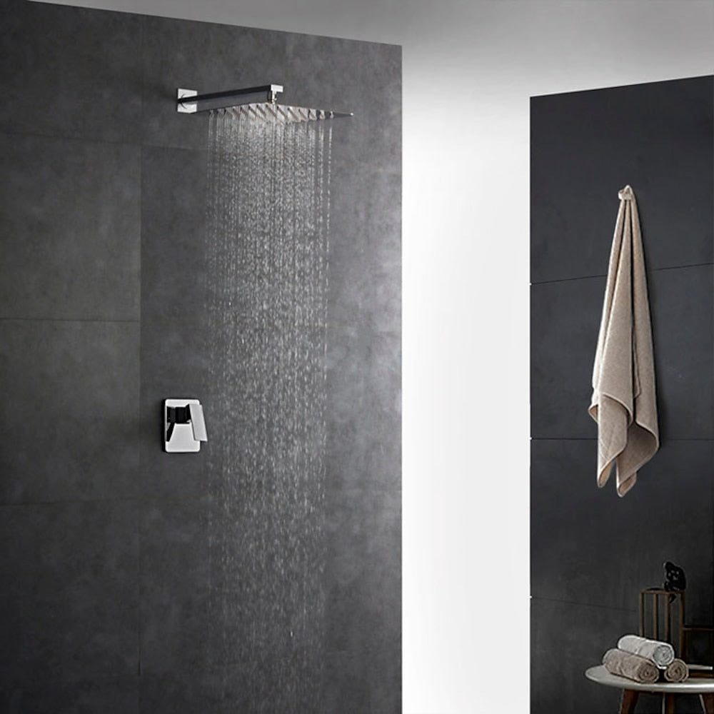Chrome Modern Wall-Mount Shower Faucet Set, Single-Handle Rainfall Shower System with Rough-In Valve