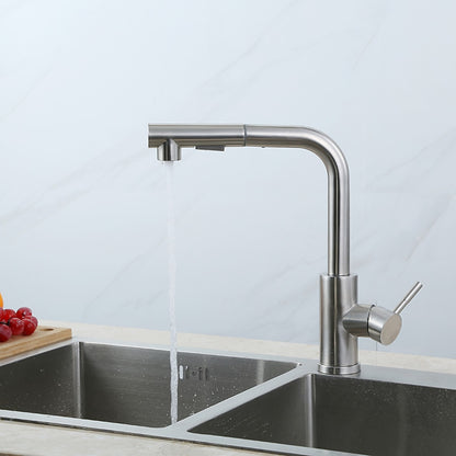 Brushed Nickel Stainless Steel Pull-Down Kitchen Faucet, Single-Hole Single-Handle Faucet, Modern Swivel Spout Faucet