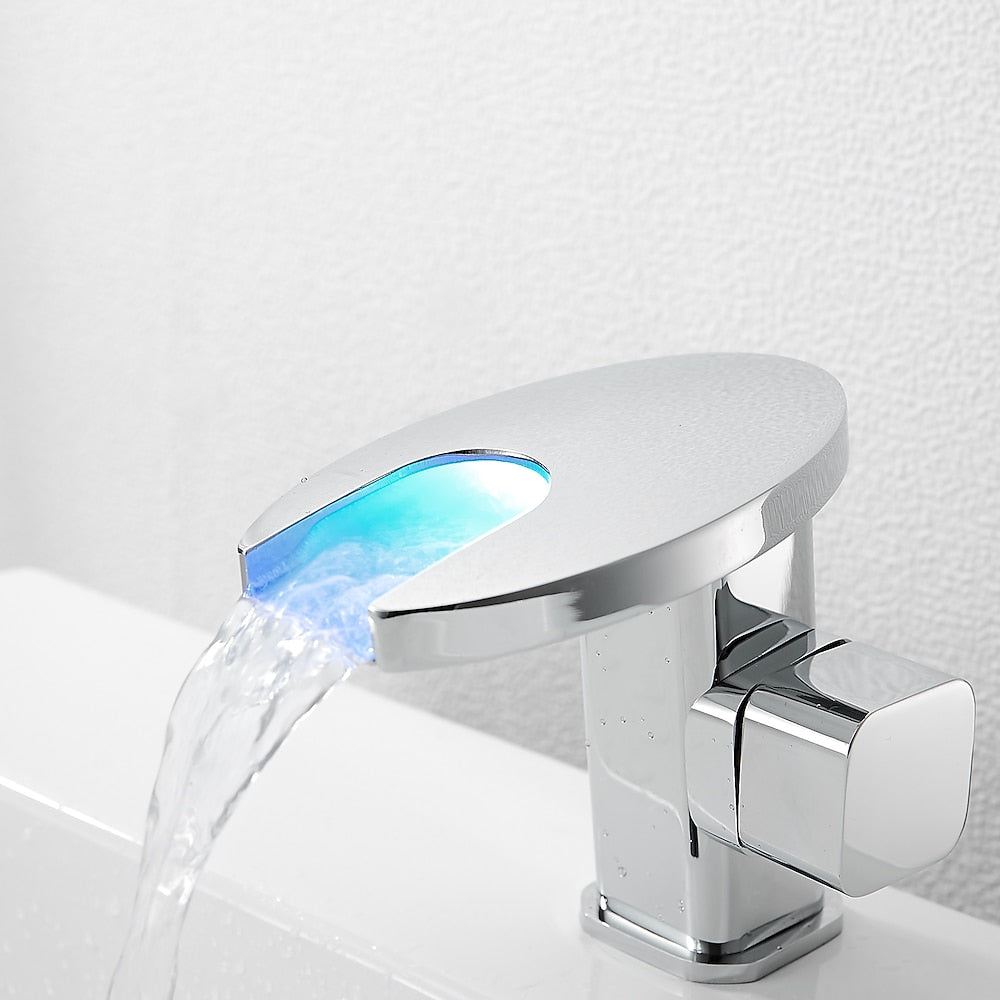 LED Waterfall Bathroom Faucet, Single-Handle Deck-Mount Faucet, Matte Black / Chrome / Polished Gold / Matte White